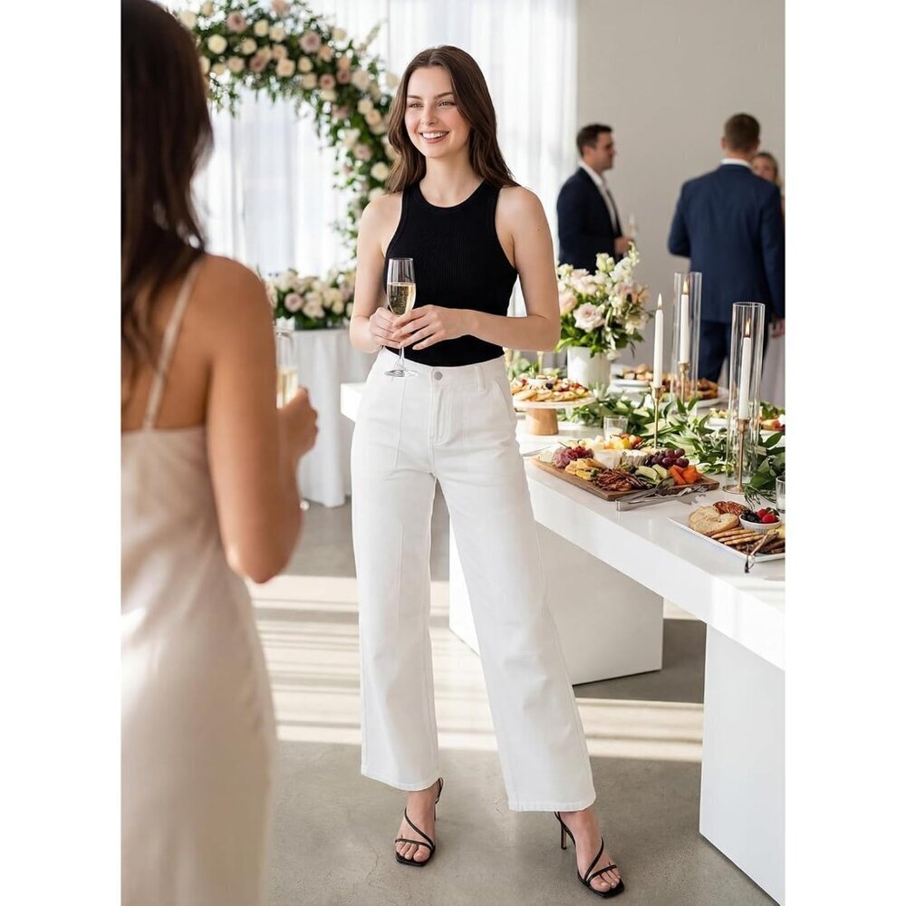 Women's White Casual Mid Waist Stretch Button Wide Leg Denim Cargo Pants - Picture 5 of 6
